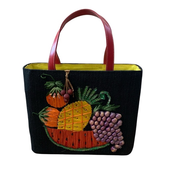 Santi Handbags - Vintage Santi Woven Straw Tote Bag Fruit Embroidered Black Canvas